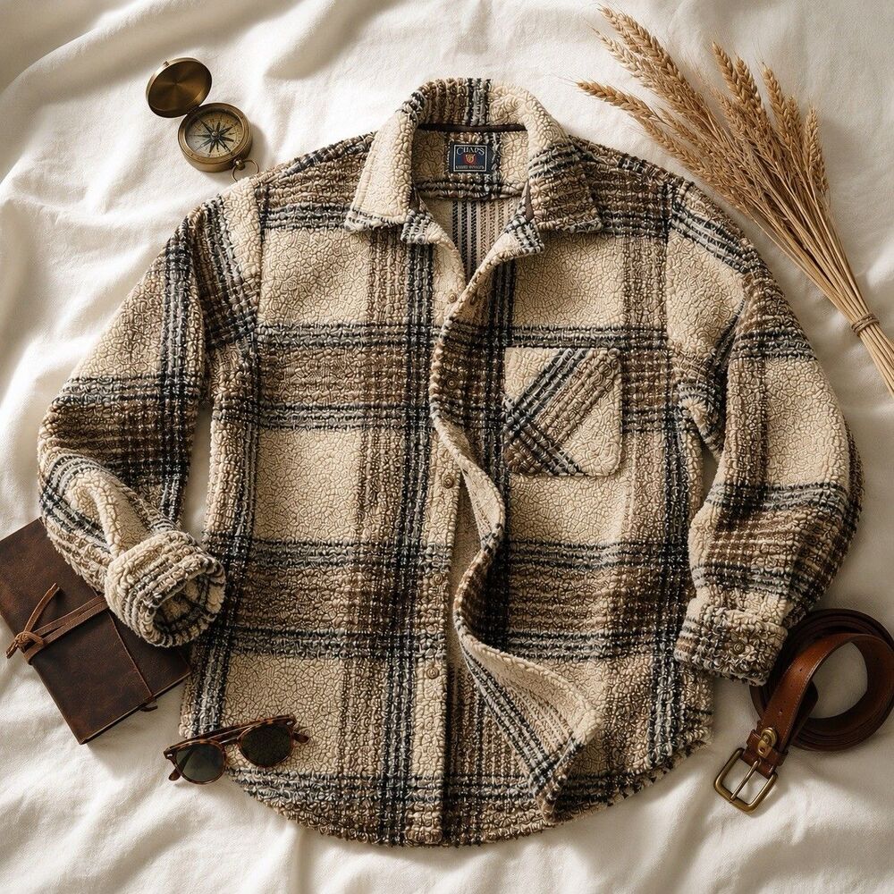 Vintage 90s Chaps Ralph Lauren Plaid Sherpa Fleece Shirt Jacket M